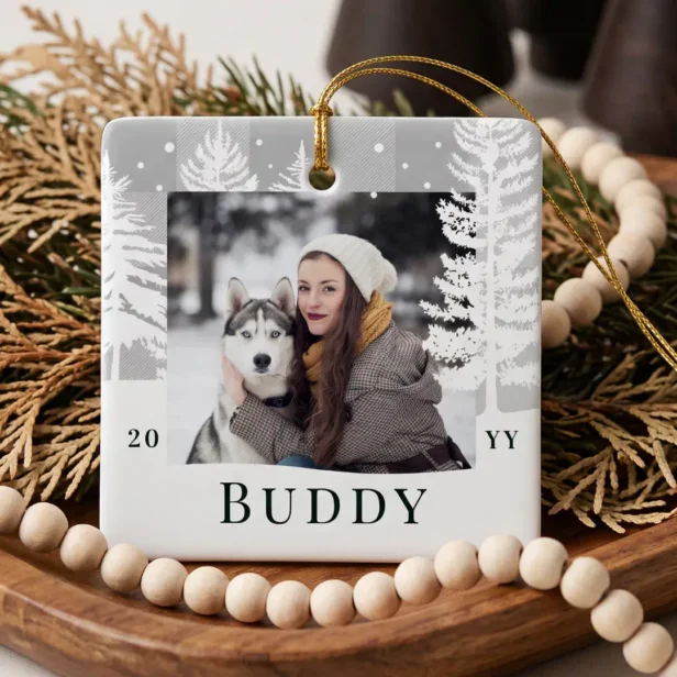 Grey Plaid Winter Pine Tree Personalized Pet Photo Ceramic Ornament