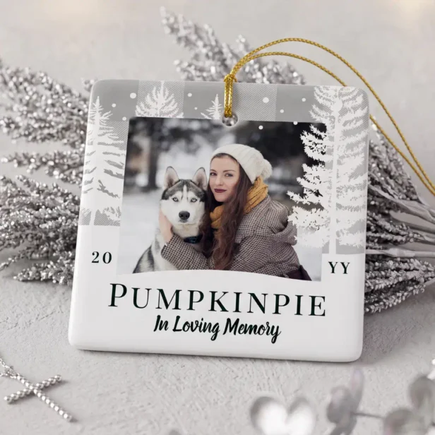 Grey Plaid Winter Pine Tree Pet Memorial Photo Ceramic Ornament