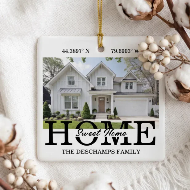 Celebrate Christmas in your new home with this elegant personalized Home Sweet Home photo ornament. Add your favorite house photo to the front and back, creating a beautiful repeated photo keepsake. Your home coordinates are displayed along the top, while elegant “Home Sweet Home” typography appears along the bottom with your personalized family name. A simple and timeless keepsake perfect for Christmas in a new home, new homeowners, first Christmas in a new house, couples, families, housewarming gifts, moving gifts, and celebrating a new beginning. A meaningful personalized ornament to hang on the Christmas tree and treasure for years to come.