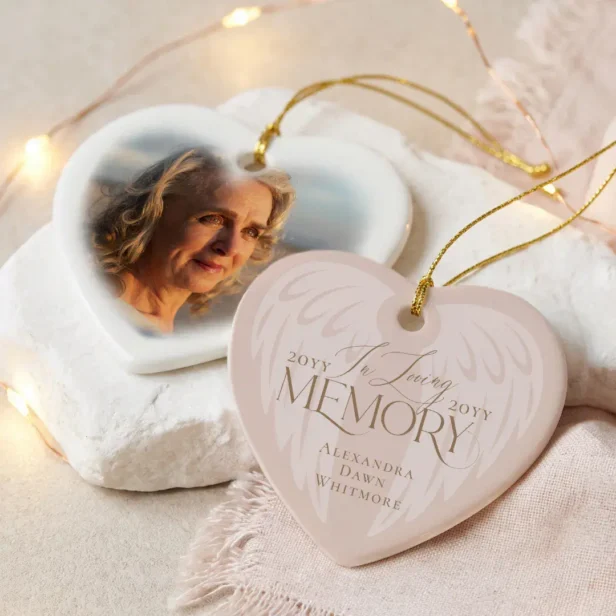 In Loving Memory Angel Wings Photo Heart Keepsake Ceramic Ornament