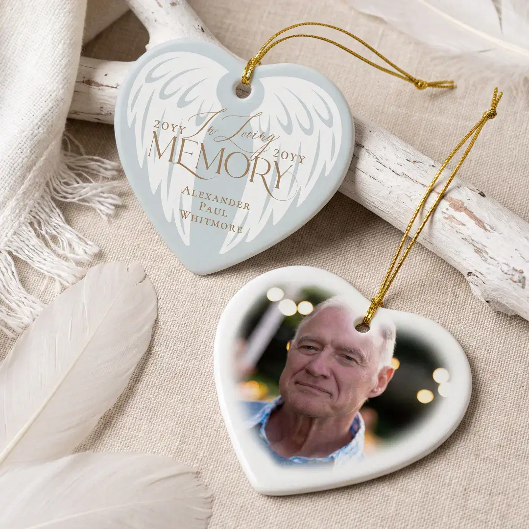 In Loving Memory Angel Wings Photo Heart Keepsake Blue Ceramic Ornament
