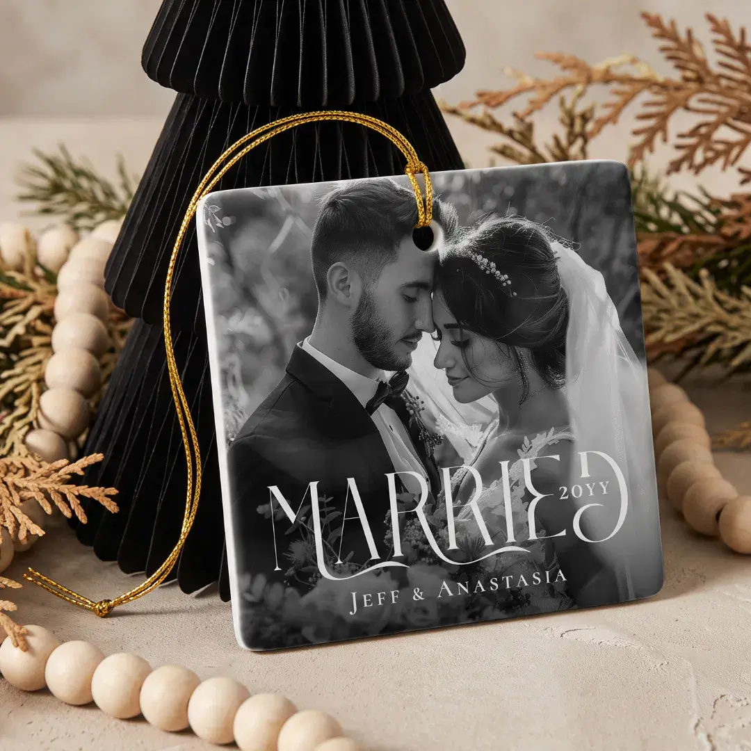Married Modern Elegant Black White Wedding Photo Ceramic Ornament