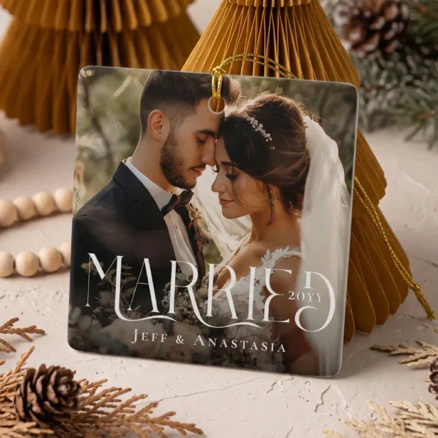 Married Modern Minimal Elegant Wedding Photos Ceramic Ornament