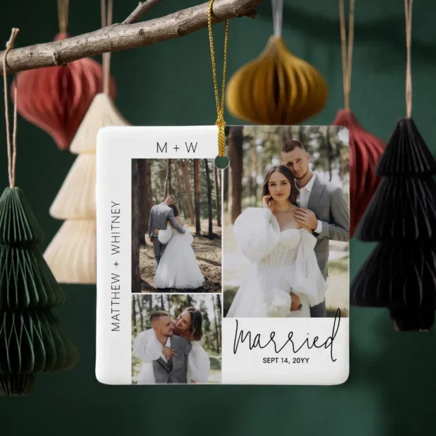Married Modern Script Simple Wedding Photo Collage Ceramic Ornament