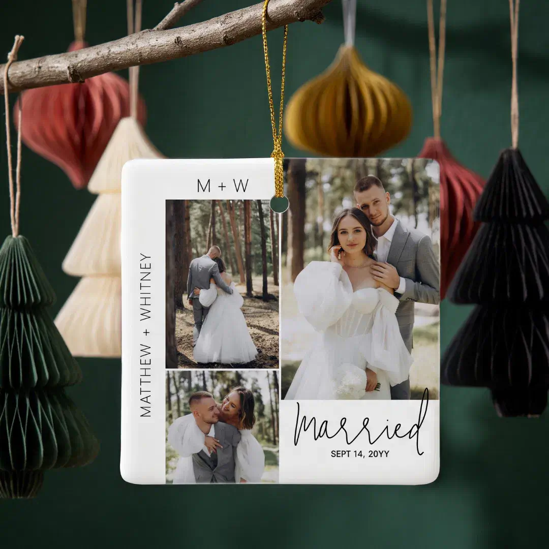 Married Modern Script Simple Wedding Photo Collage Ceramic Ornament