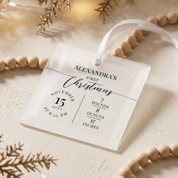 Minimal Baby First Christmas Birth Stats Keepsake Glass Ornament