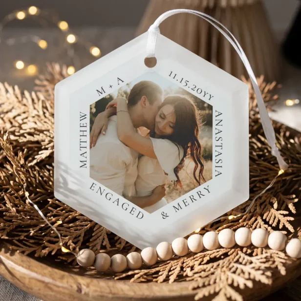 Minimal Elegant Engaged & Merry Engagement Photo Glass Ornament