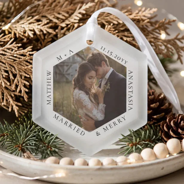Minimal Elegant Married & Merry Wedding Photo Glass Ornament