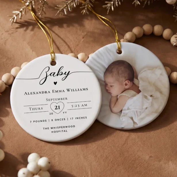 Minimal Elegant Personalized Baby Name Birth Stats Ceramic Ornament