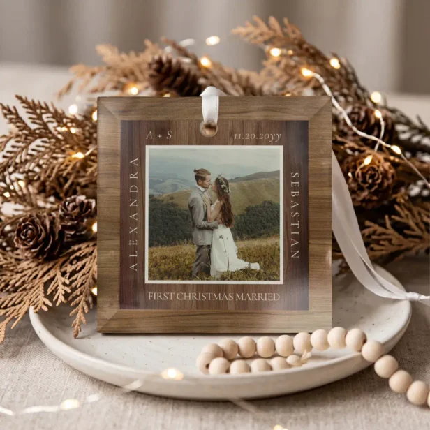 Minimal First Christmas Married Photo Woodgrain Glass Ornament