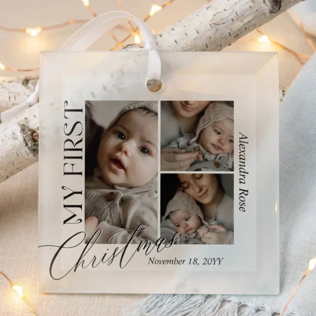 Minimal My First Christmas Baby Photo Collage Glass Ornament