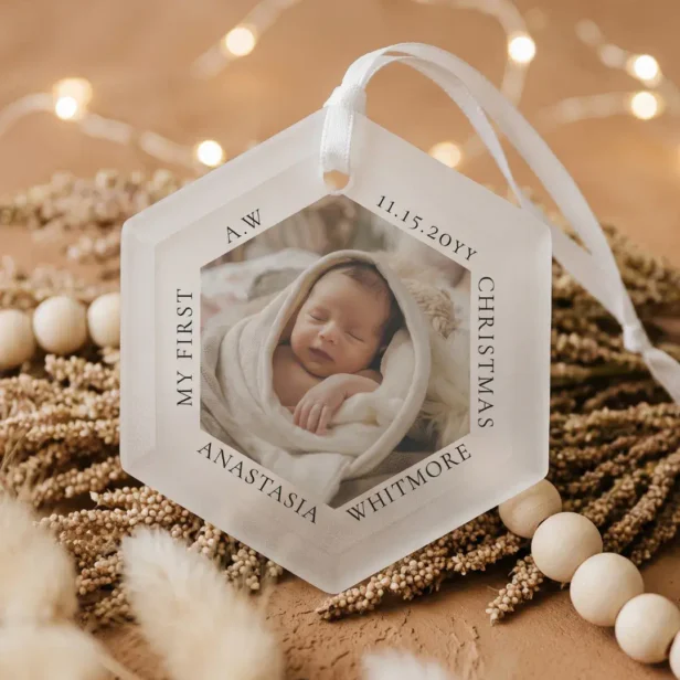 Modern Minimal Elegant Babys First Christmas Photo Glass Ornament