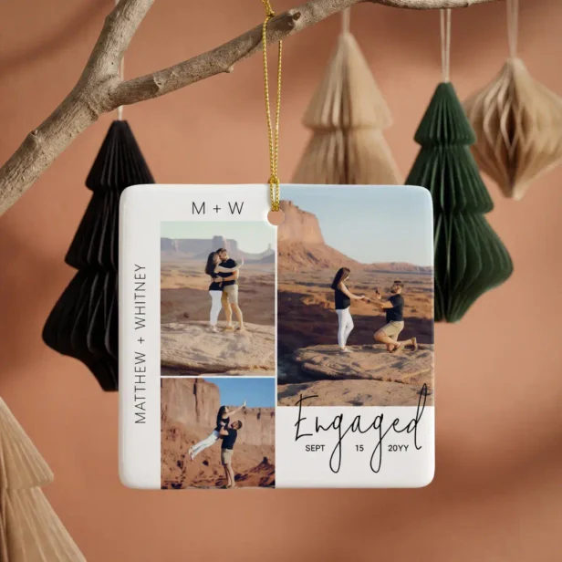 Modern Minimal Script Engagement Photo Collage Ceramic Ornament