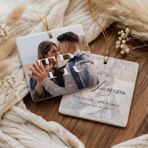 Modern Minimalist Couple Engagement Photo Monogram Ceramic Ornament