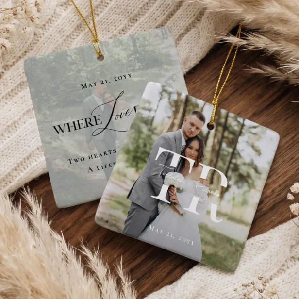 Modern Minimalist Couple Wedding Photo Monogram Ceramic Ornament