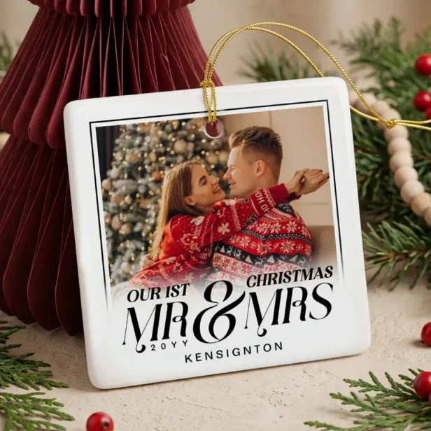 Modern Our First Christmas MR & Mrs Married Photo Ceramic Ornament