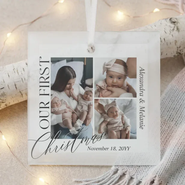 Modern Our First Christmas Twin Baby Photo Collage Glass Ornament