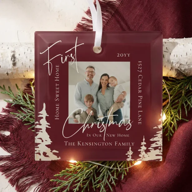 Modern Script First Christmas in New Home Photo Red Glass Ornament