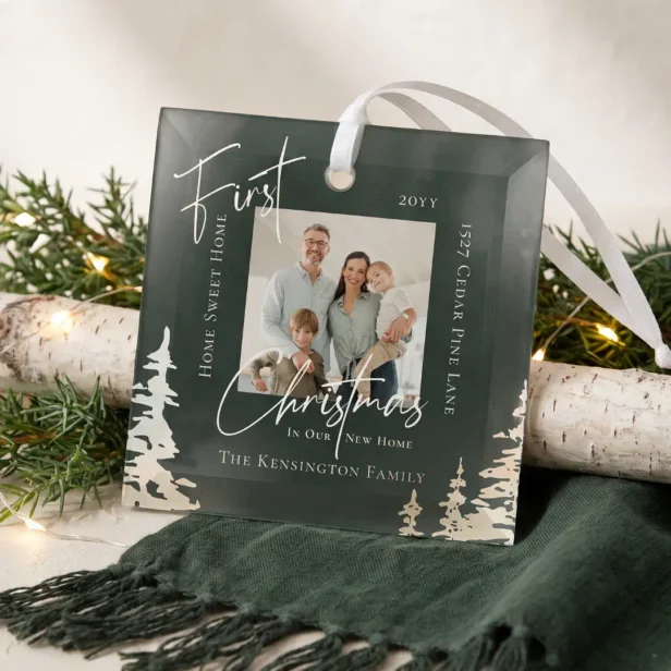 Modern Script First Christmas in New Home Photo Green Glass Ornament