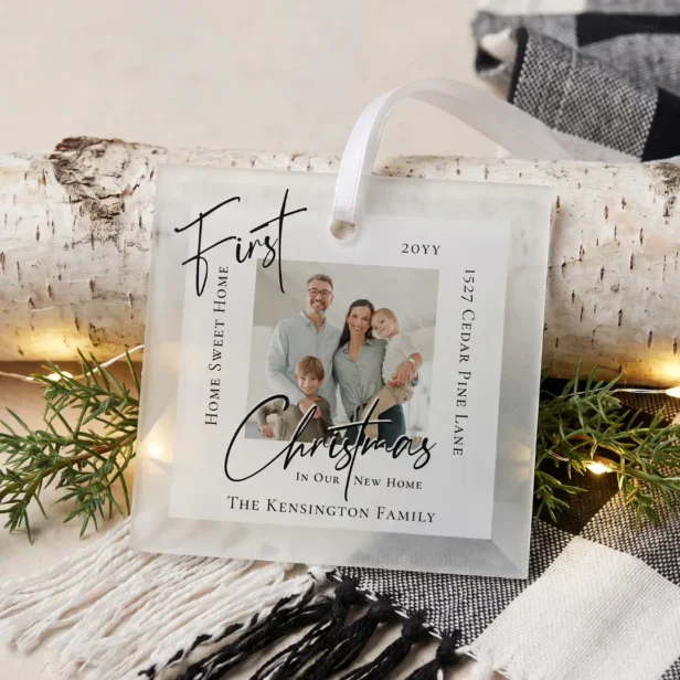 Modern Script First Christmas in New Home Photo White Glass Ornament