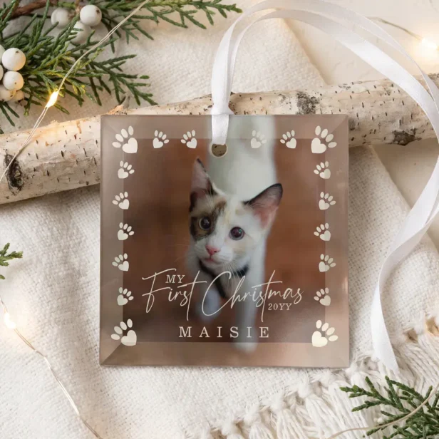 My First Christmas Custom Pet Cat Photo Paw Print Glass Ornament