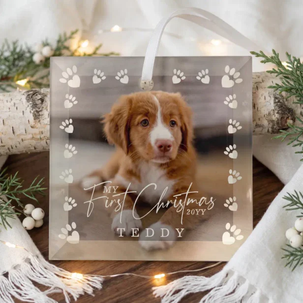 My First Christmas Custom Pet Dog Photo Paw Print Glass Ornament