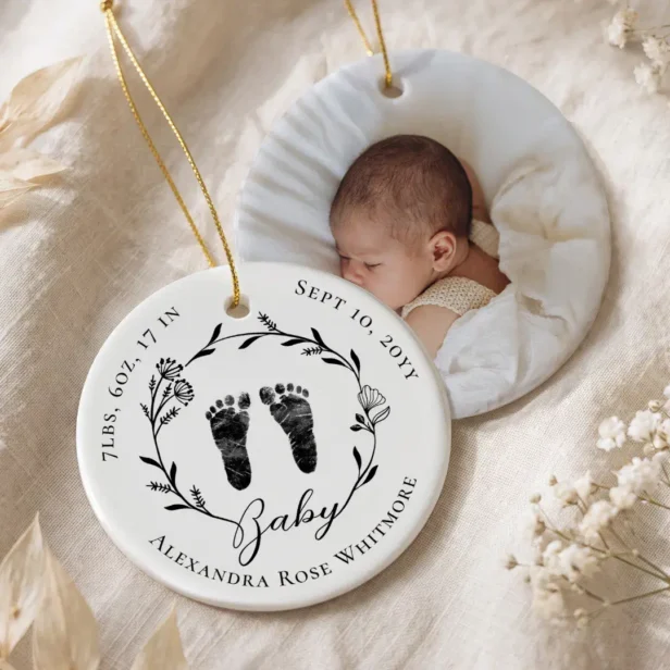 Newborn Baby Footprints Birth Stats Photo Keepsake Ceramic Ornament
