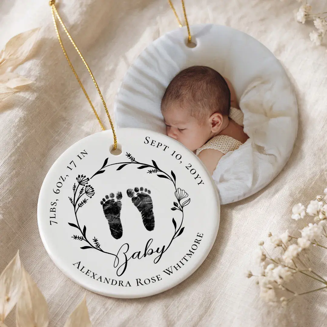 Newborn Baby Footprints Birth Stats Photo Keepsake Ceramic Ornament