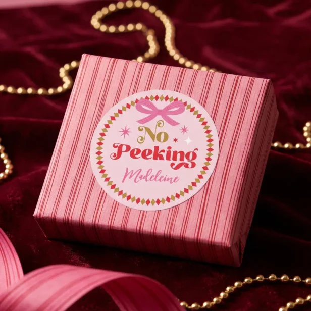 No Peeking Pink Christmas Personalized Name Gift Classic Round Sticker