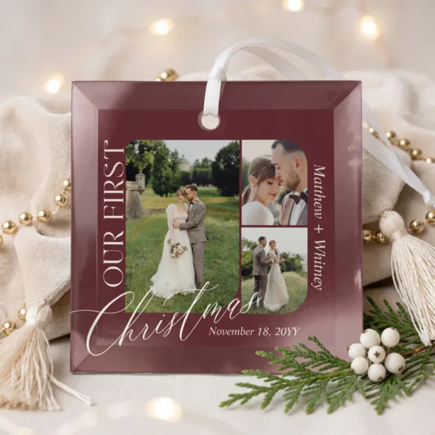 Our First Christmas Married Wedding Photo Collage Burgundy Glass Ornament