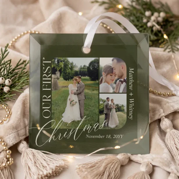 Our First Christmas Married Wedding Photo Collage Green Glass Ornament