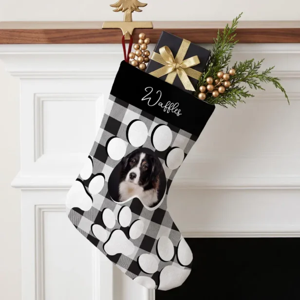 Personalized Black Buffalo Plaid Pet Dog Cat Photo Large Christmas Stocking