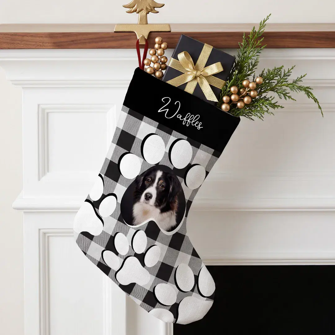 Personalized Black Buffalo Plaid Pet Dog Cat Photo Large Christmas Stocking