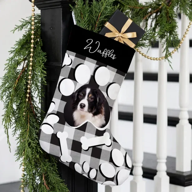 Personalized Black Buffalo Plaid Pet Dog Cat Photo Christmas Stocking