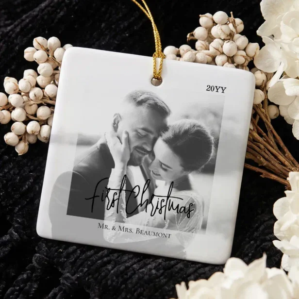 Personalized Minimal First Christmas Wedding Photo Ceramic Ornament