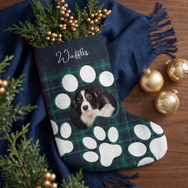 Personalized Navy Buffalo Plaid Pet Dog Cat Photo Small Christmas Stocking