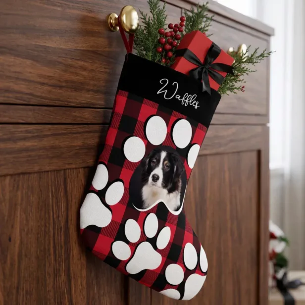 Personalized Red Buffalo Plaid Pet Dog Cat Photo Christmas Stocking
