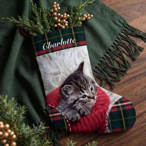 Pet Dog Cat Photo Christmas Red Green Plaid Custom Large Christmas Stocking