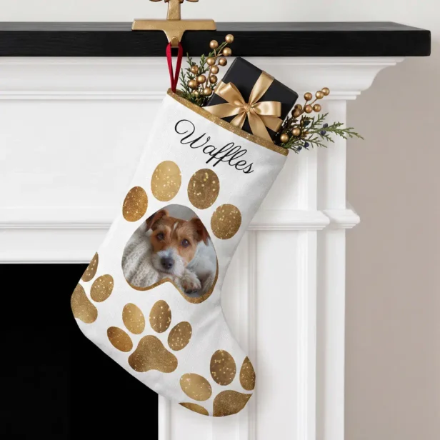 Pet Photo Christmas Keepsake Gold Paw Print Custom Small Christmas Stocking