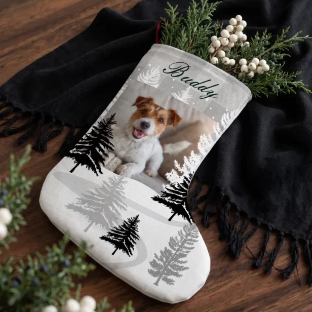 Fun Custom Pet Photo Personalized Dog Name Plaid Large Christmas Stocking