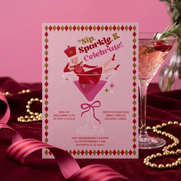 Pink Nutcracker Ballet Cocktail Christmas Party Holiday Card