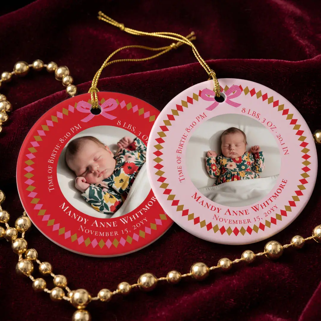 Pink Personalized Baby Birth Stat Keepsake Photo Ceramic Ornament