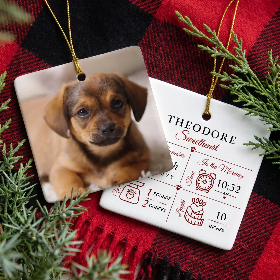 Puppy Dog Birth Stats Photo Name Personalized Ceramic Ornament