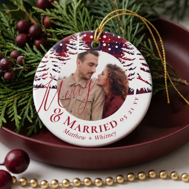 Red Plaid Pine Tree First Christmas Married Photo Ceramic Ornament