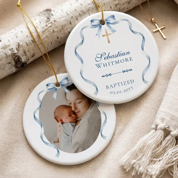 Watercolour Blue Bow Cross Baptism Photo Keepsake Ceramic Ornament