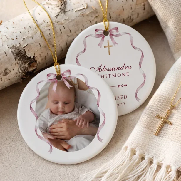 Watercolour Pink Bow Cross Baptism Photo Keepsake Ceramic Ornament