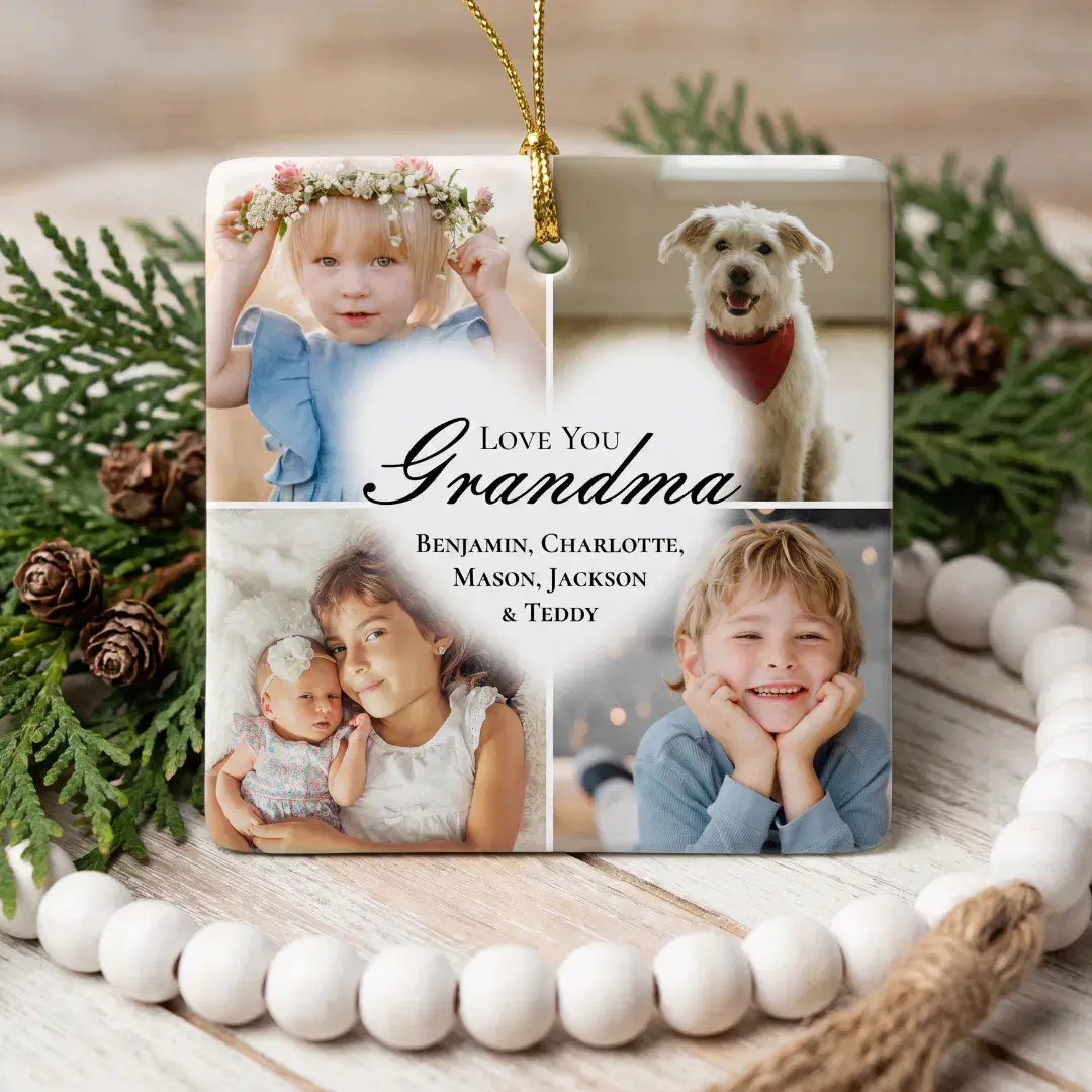 We Love You Grandma Heart Grandkids Photo Collage Ceramic Ornament