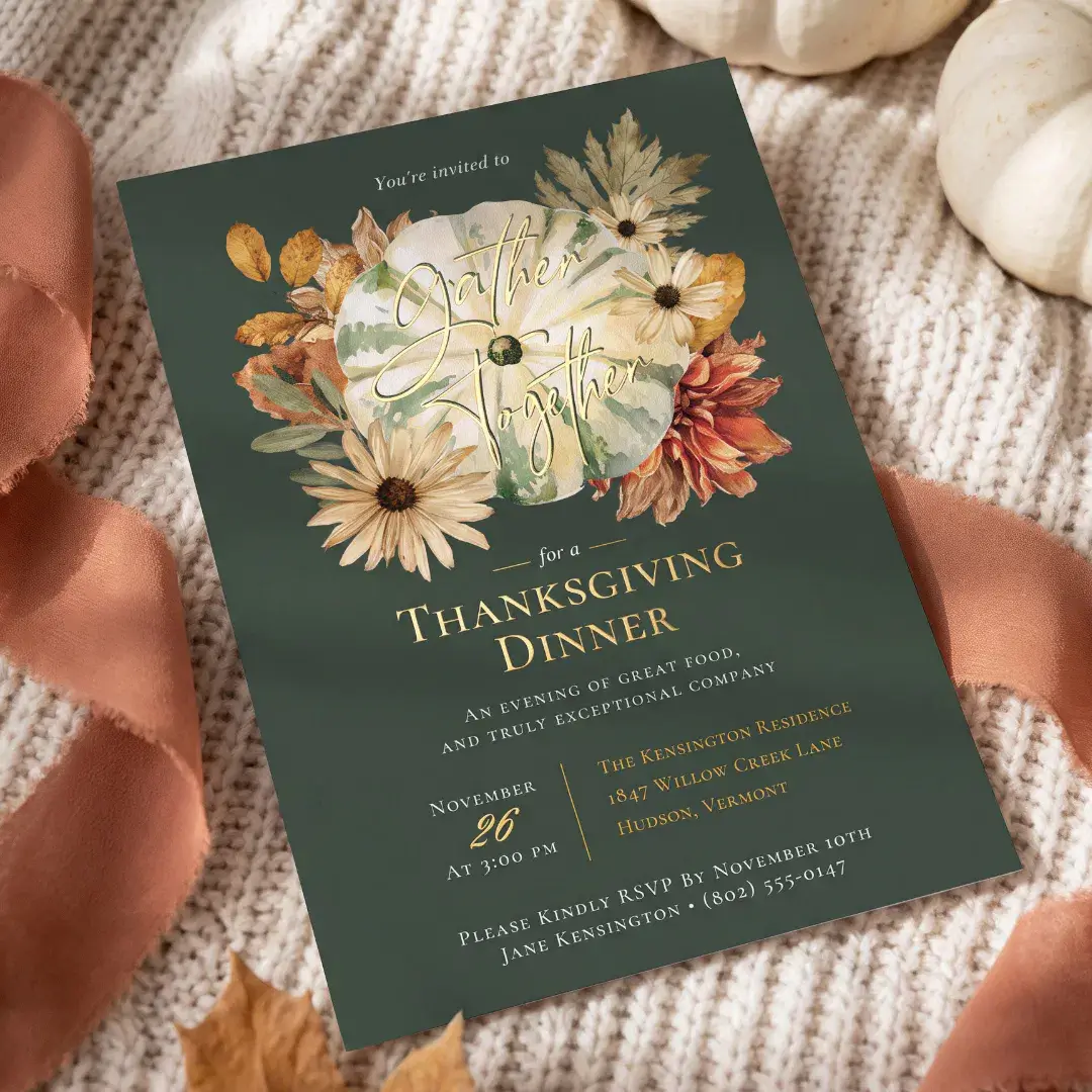 Autumn Pumpkin Fall Florals Thanksgiving Dinner Foil Invitation