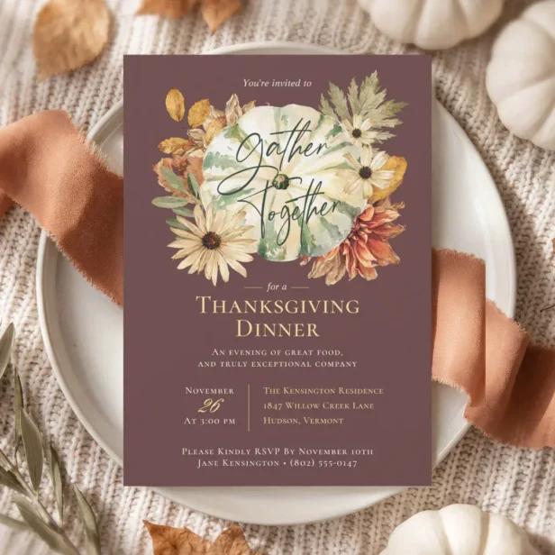 Autumn Pumpkin Fall Florals Thanksgiving Dinner Invitation