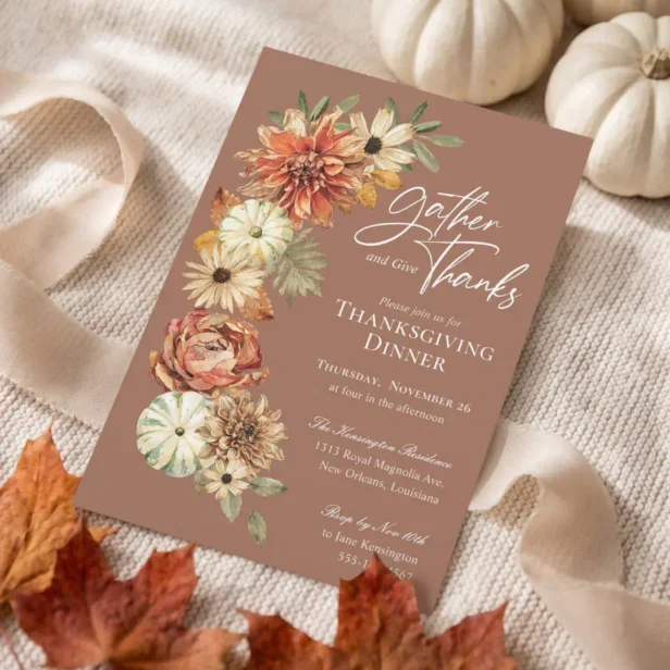 Autumn Pumpkin Fall Florals Thanksgiving Dinner Invitation
